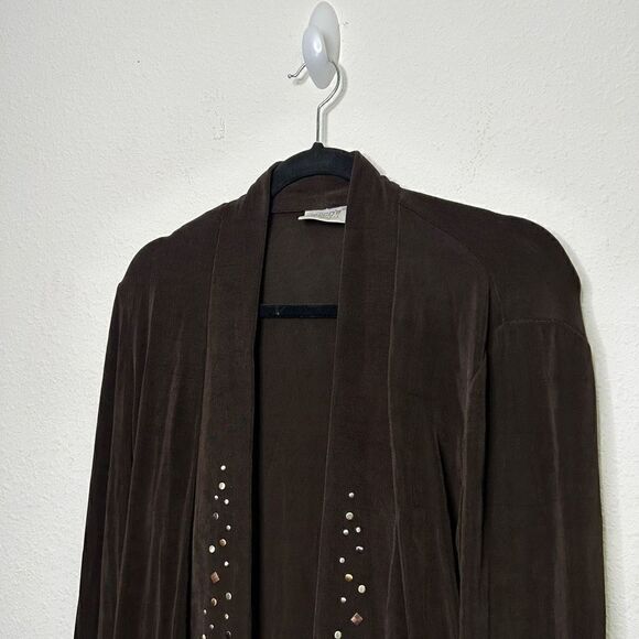 Chico’s Travelers Slinky Knit Brown Studded Open Front Cardigan Jacket 1 (M) - Picture 2 of 7
